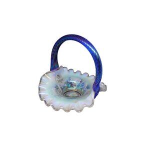 Fenton Iridescent Glass Ruffled Edge Basket With Blue Handle